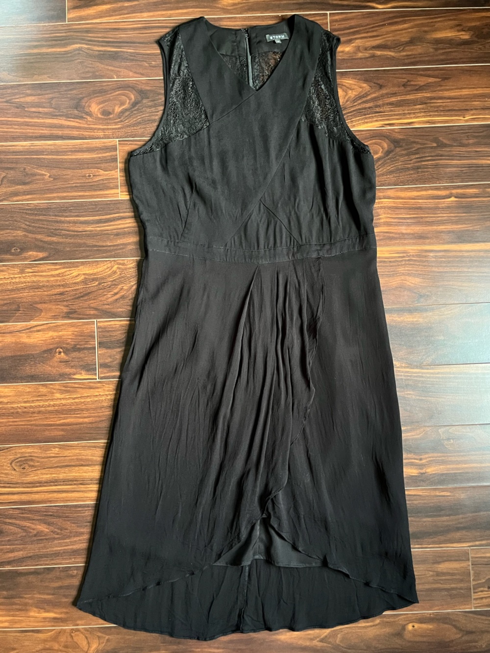 Storm Black Sleeveless Dress w/ Intricate Lace Panel Detail, 14, EUC